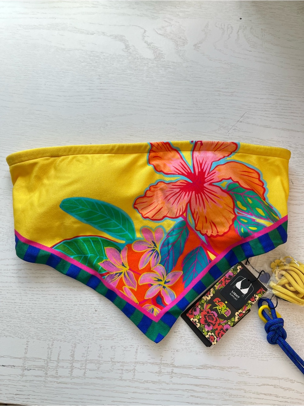 Farm Rio x Rio Curl Bliss Scarf Bandeau Tropical Bikini Top Yellow Small NEW